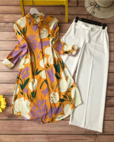 Mustard Yellow Floral Digital Print Kurti with White Bow Plazzo – Stylish & Comfy Set
